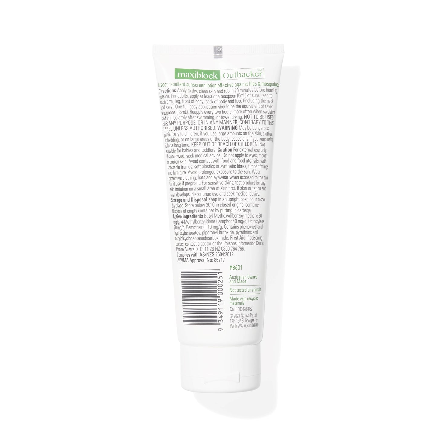Maxiblock Outbacker Sunscreen with insect repellent tube SPF 50+ product photo back
