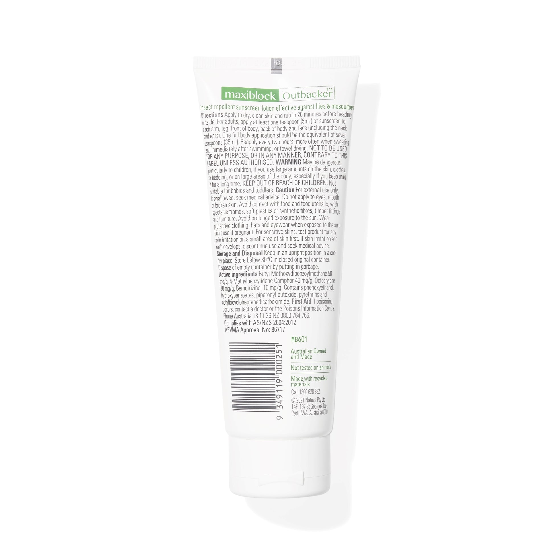 Maxiblock Outbacker Sunscreen with insect repellent tube SPF 50+ product photo back