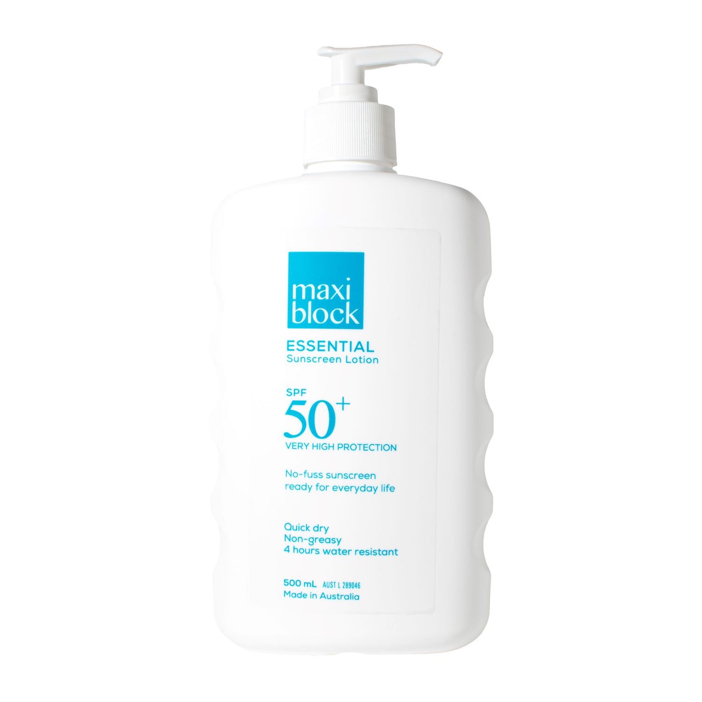Maxiblock Essential everyday SPF 50+ sunscreen lotion 500mL Pump on a white background