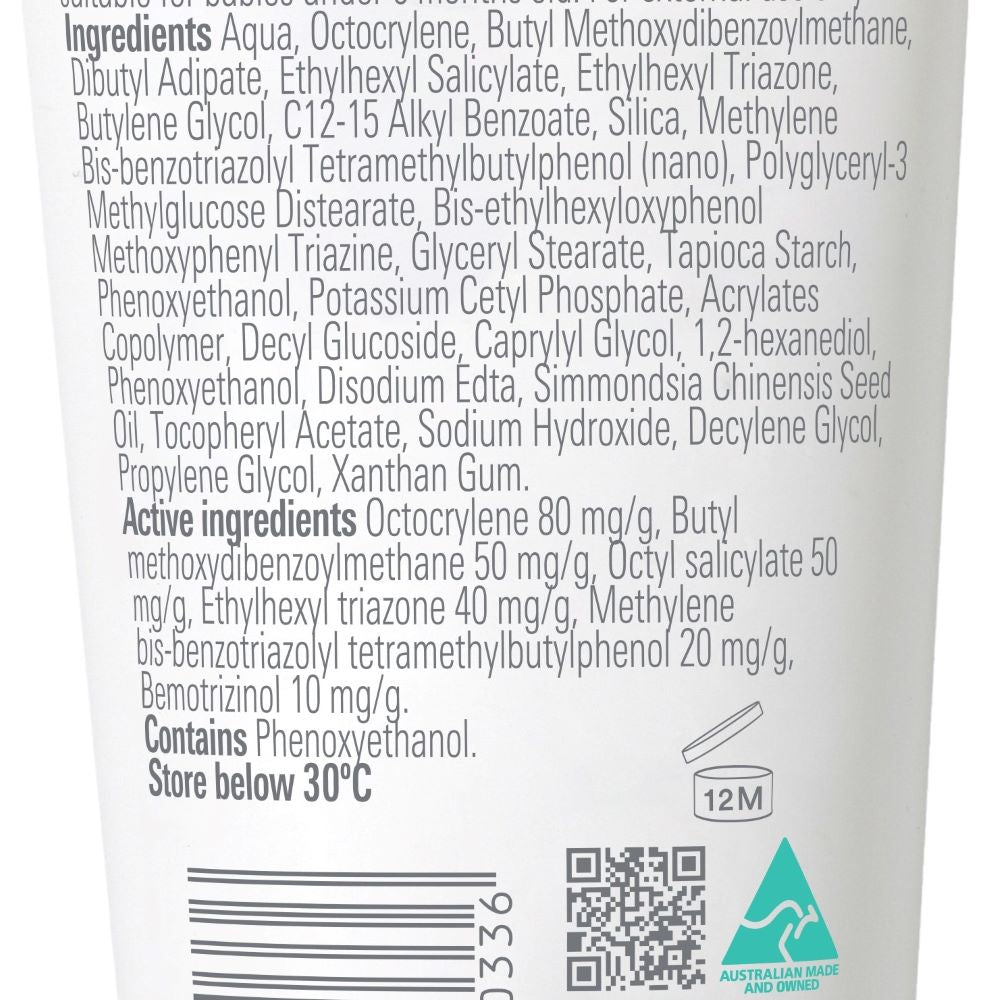 Back label of a Maxiblock Face tube showing the full ingredient list