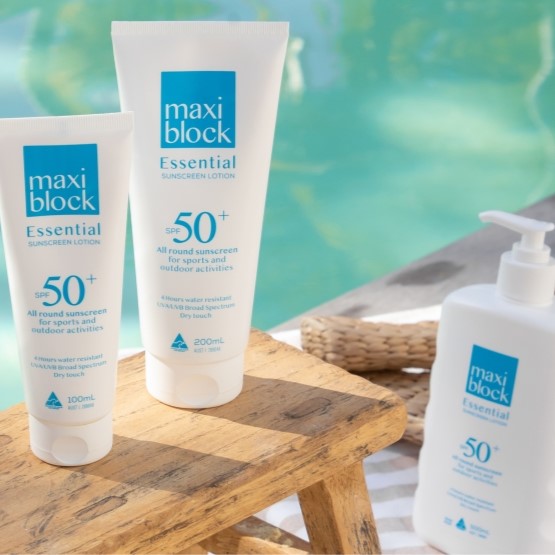 Maxiblock Essential SPF 50+ sunscreen rubbed into skin, no white cast