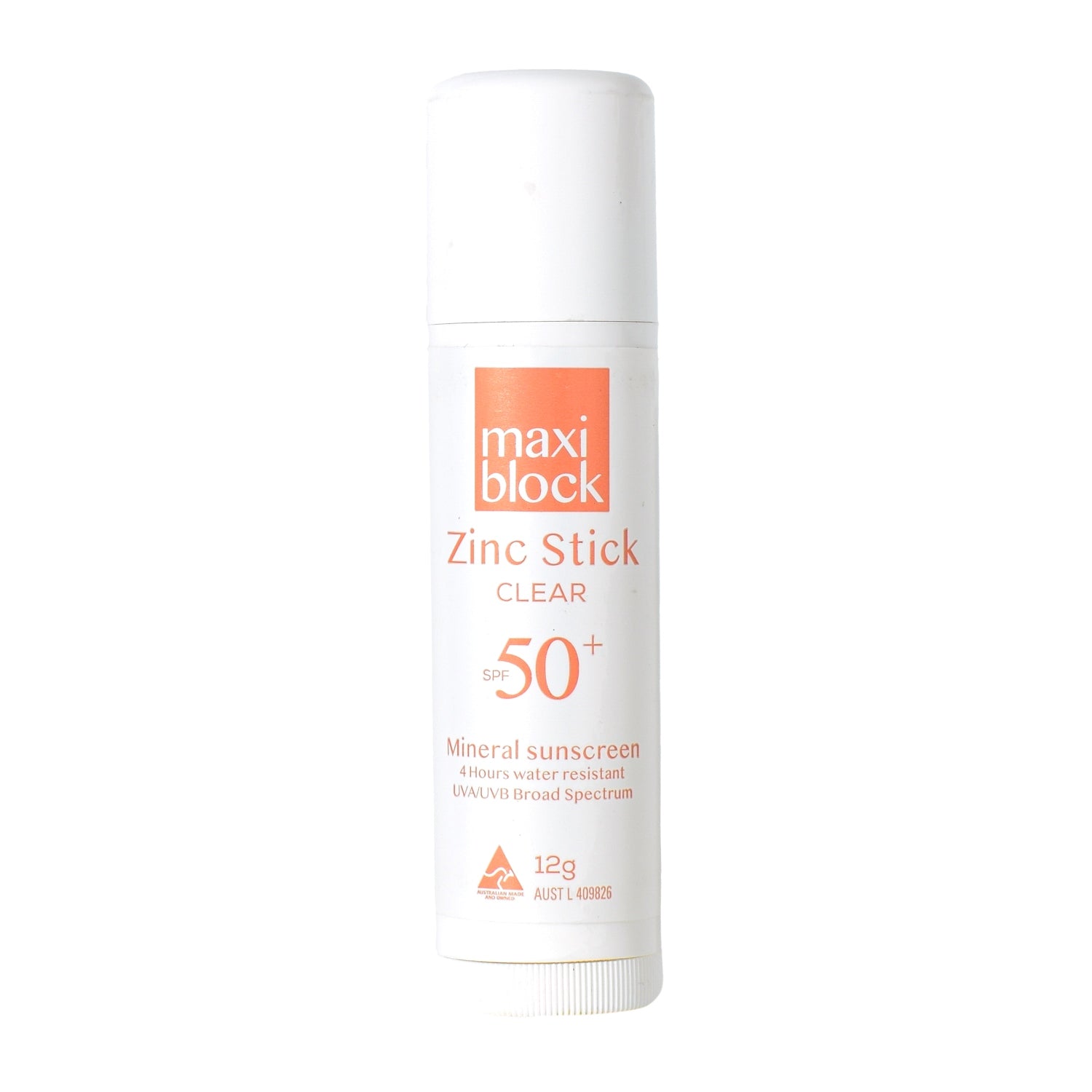 Maxiblock Clear Zinc Sunscreen Stick on a white background