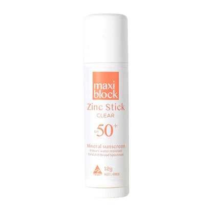 Maxiblock Clear Zinc Sunscreen Stick on a white background