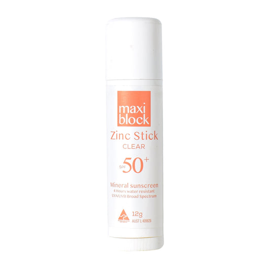 Maxiblock Clear Zinc Sunscreen Stick on a white background
