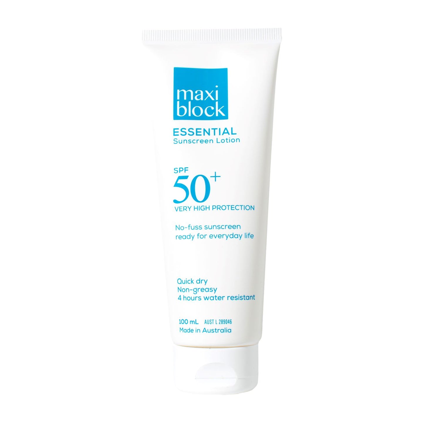 Maxiblock Essential everyday SPF 50+ sunscreen lotion 100mL tube on a white background