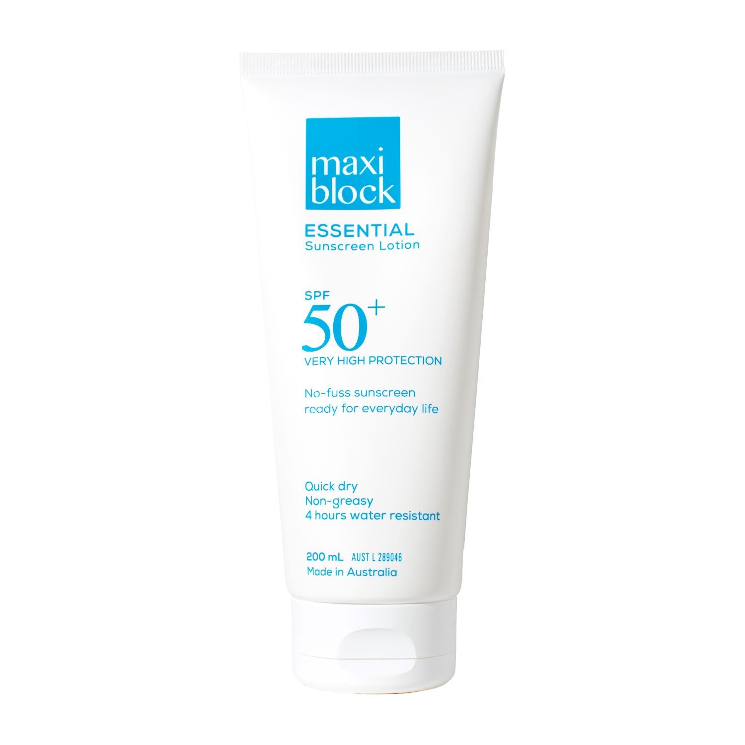 Maxiblock Essential everyday SPF 50+ sunscreen lotion 200mL tube on a white background