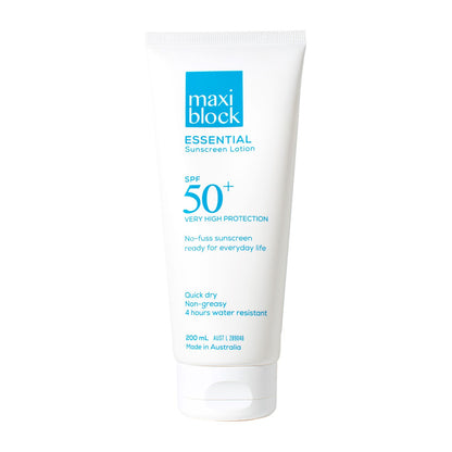 Maxiblock Essential everyday SPF 50+ sunscreen lotion 200mL tube on a white background