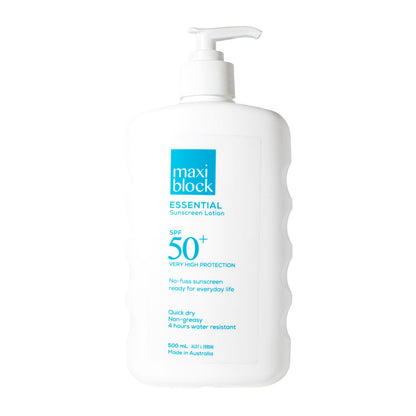 Maxiblock Essential everyday SPF 50+ sunscreen lotion 500mL Pump on a white background