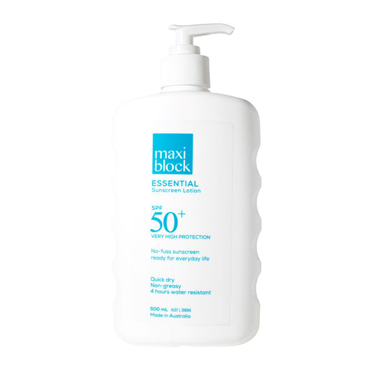 Maxiblock Essential everyday SPF 50+ sunscreen lotion 500mL Pump on a white background