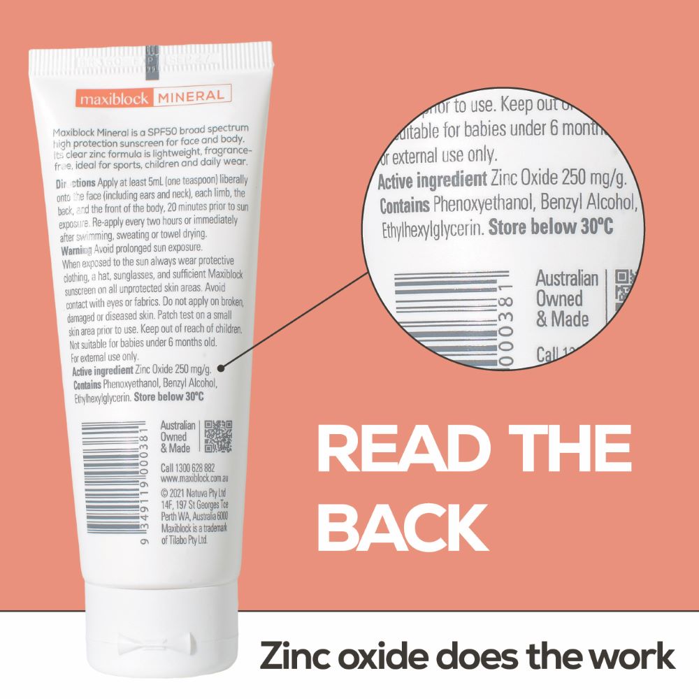 Zinc oxide callout from the back of a mineral sunscreen tube