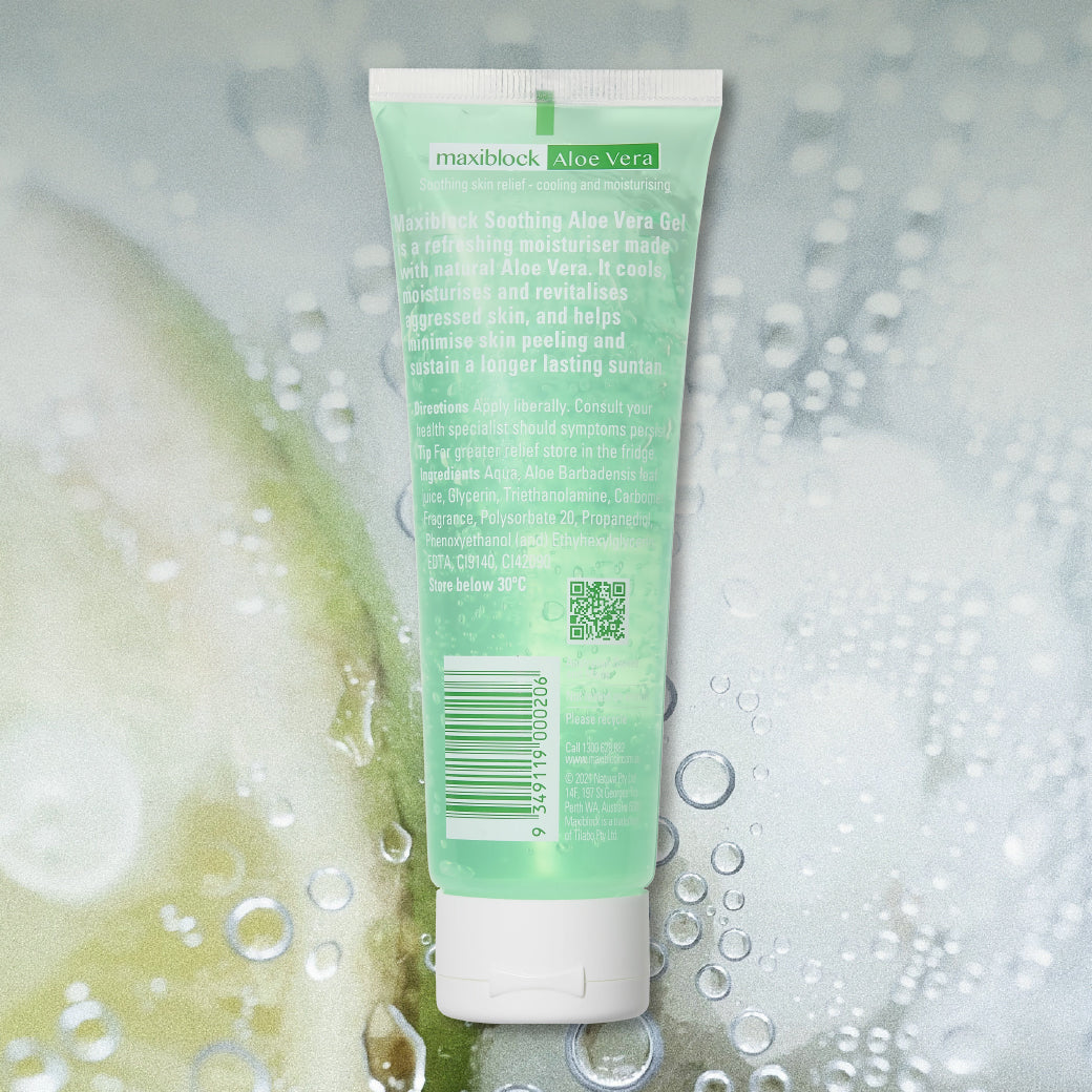 Back of Maxiblock Aloe Vera Gel 125mL tube showing ingredient list, with water droplets on the surface around it.
