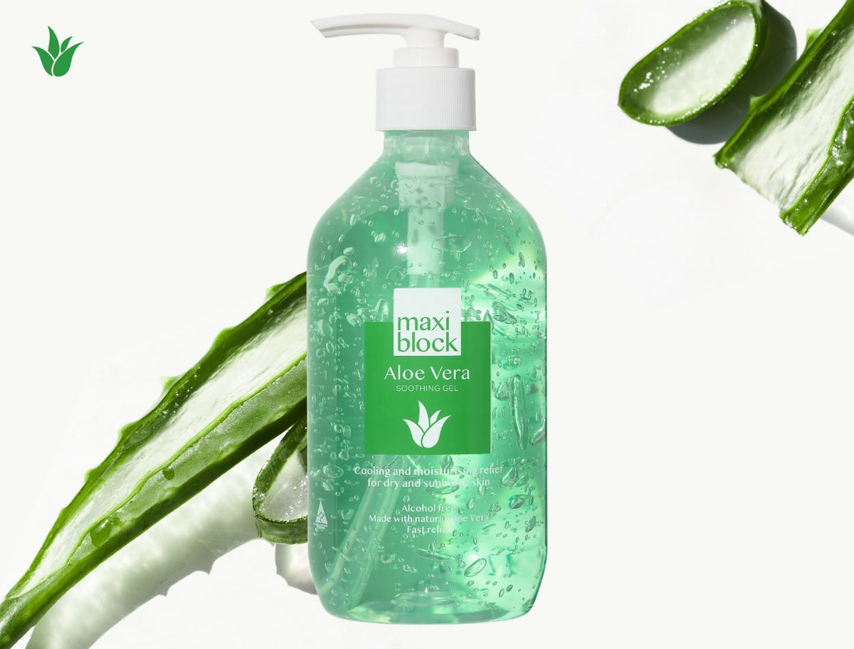 Maxiblock Aloe Vera Gel 500mL pump bottle surrounded by fresh aloe vera leaves.