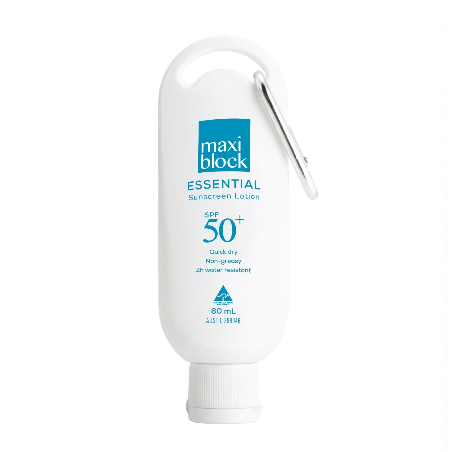 Maxiblock Essential everyday SPF 50+ sunscreen lotion bottle with carabiner on a white background
