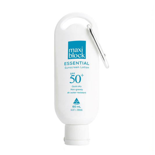 Maxiblock Essential everyday SPF 50+ sunscreen lotion bottle with carabiner on a white background