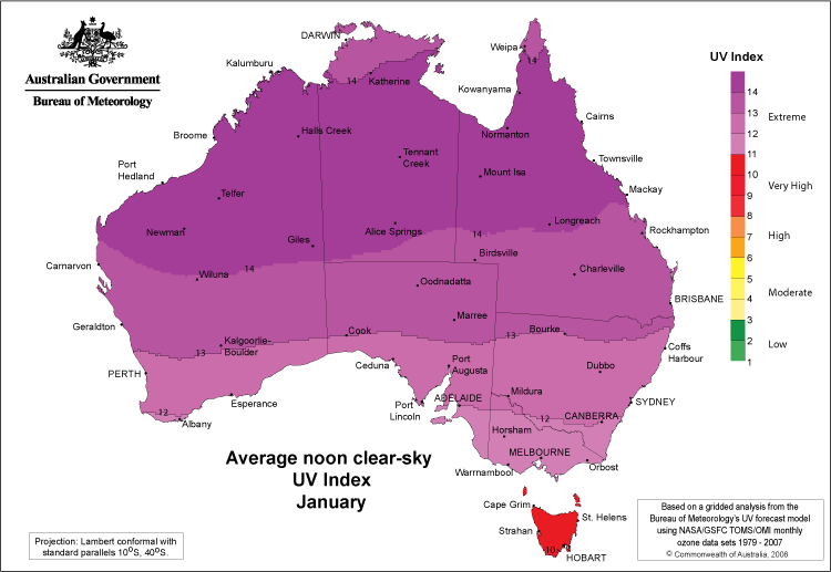Australian January UV index map showing extreme UV areas in red and pink